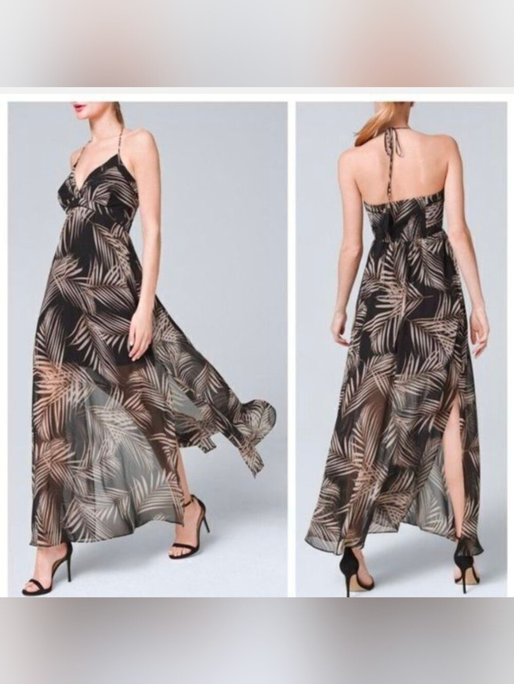 White House Black Market Black Maxi Dress with Taupe Palm Print